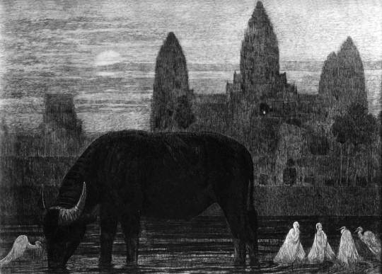 Paul JOUVE (1878-1973) - Buffle devant le temple d'Angkor, 1922