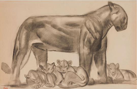 Paul JOUVE (1878-1973) - Panthère noire et ses petits, vers 1925.