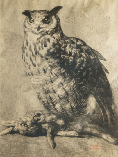 Paul JOUVE (1878-1973) - Grand duc avec sa proie.