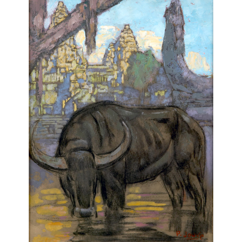 Buffle s'abreuvant, temple d'Angkor, 1923.