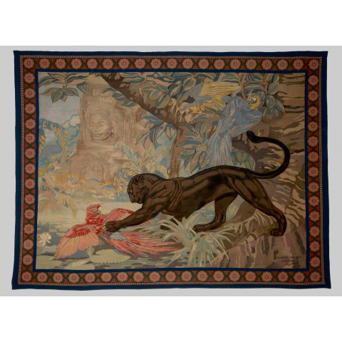 Panthère noire tuant un perroquet à Angkor Vat, 1921