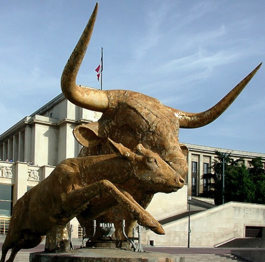 Paul JOUVE (1878-1973) - Tête de taureau et daim bondissant. 1937.