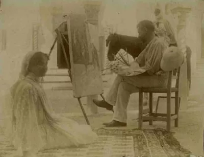 Jouve seated, drawing an Arab horseman.
Villa Abd-el-Tif, in Algiers, 1907.