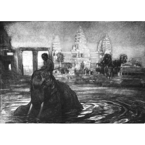 Elephant taking a bath in front of the temple in Angkor, 1922