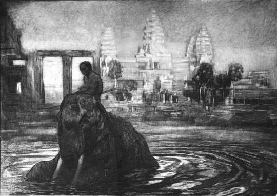 Paul JOUVE (1878-1973) - Éléphant au bain devant le temple d'Angkor, 1922