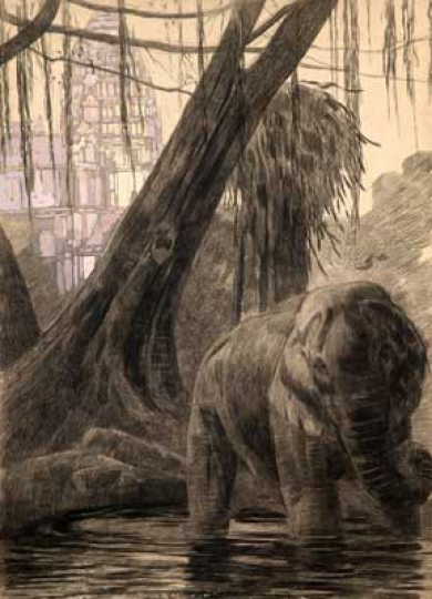 Paul JOUVE (1878-1973) - Éléphant au bain, temple d'Angkor, 1922