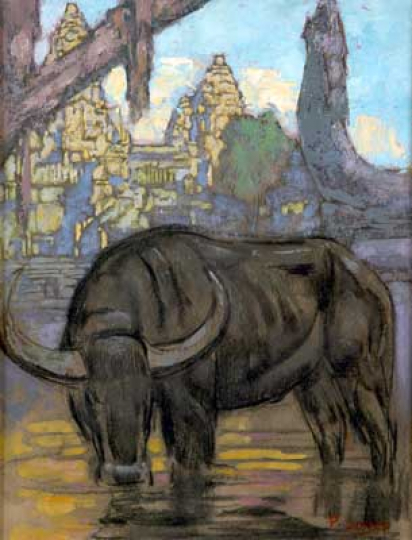 Paul JOUVE (1878-1973) - Buffalo drinking in front of the temple in Angkor, 1922