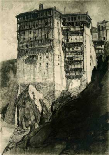 Paul JOUVE (1878-1973) - Monastère de Simonos Petra, Mont Athos, Août 1917