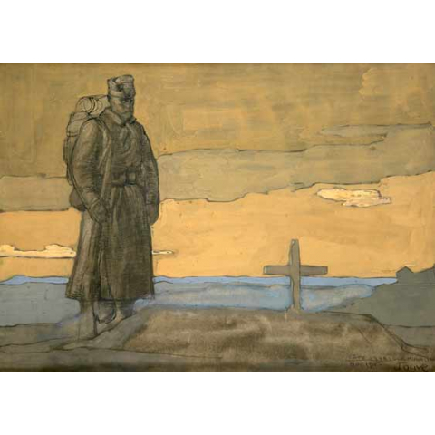 Soldat serbe devant une tombe, à Monastir, 1916