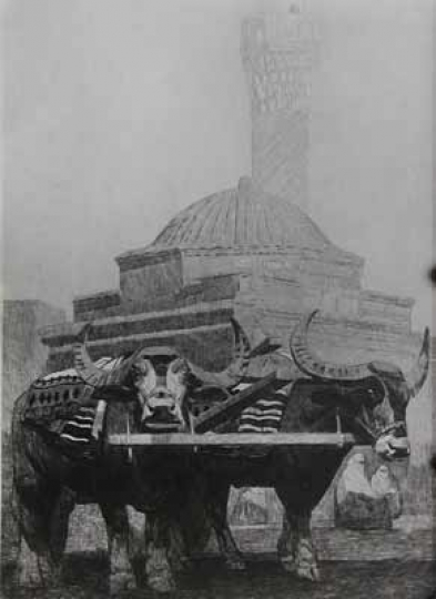 Paul JOUVE (1878-1973) - Attelage de buffles devant un minaret, 1917