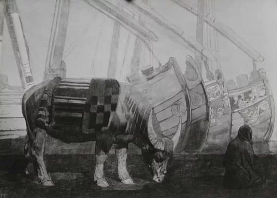 Paul JOUVE (1878-1973) - Buffle devant le port de Salonique, 1917