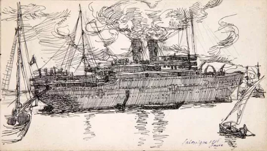 Paul JOUVE (1878-1973) - Le Burdigala en rade de Salonique, 1916
