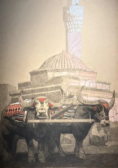 Paul JOUVE (1878-1973) - Harnessing buffalo in front of a minaret, 1917