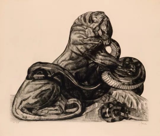 Paul JOUVE (1878-1973) - Combat d'un lion et d'un python. 1930.