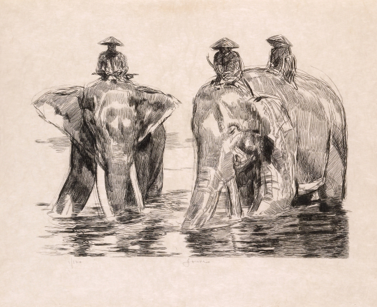 Paul JOUVE (1878-1973) - Éléphants et leurs cornac dans la rivière des parfums. 1931.