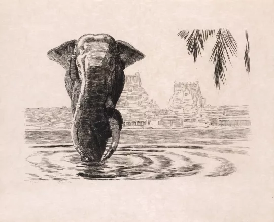 Paul JOUVE (1878-1973) - Éléphant sacré devant le temple de Madura. 1931.