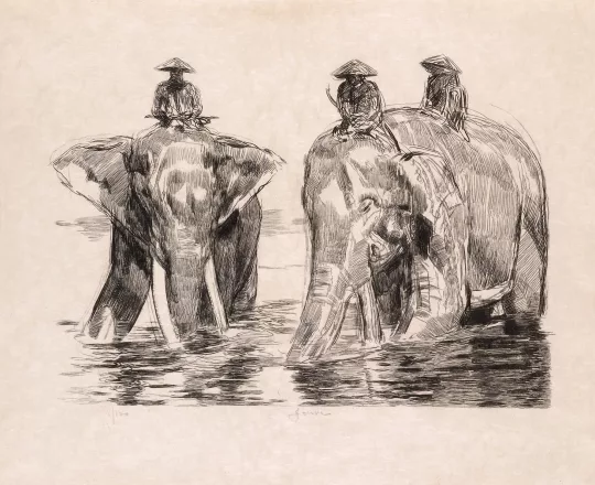 Paul JOUVE (1878-1973) - Éléphants et cornac dans la rivière des parfums, 1931