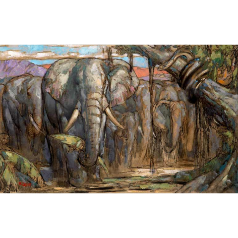 Troupeau d'éléphants et python. 1930