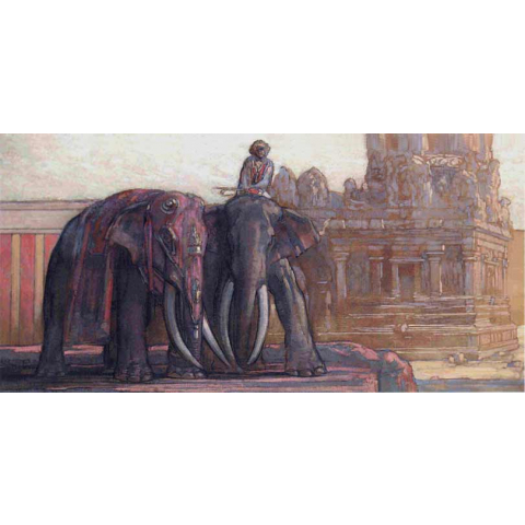 Éléphants devant un temple aux Indes du sud. C1924.