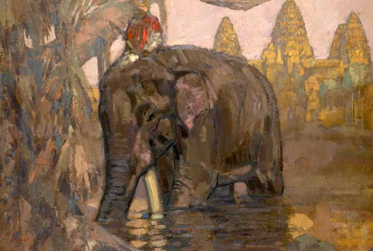 Paul JOUVE (1878-1973) - Elephant in front of the Angkor temple. C1923.