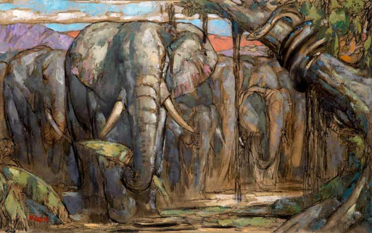 Paul JOUVE (1878-1973) - Troupeau d'éléphants et python. 1930