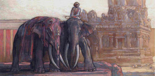 Paul JOUVE (1878-1973) - Elephants in front of a temple in South India. C1924.