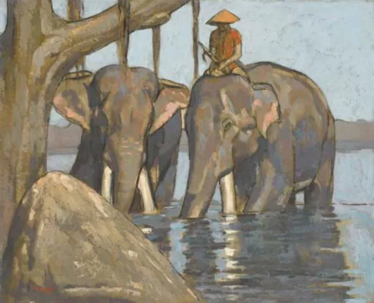 Paul JOUVE (1878-1973) - Éléphants au bain dans la rivière des parfums. C 1923.