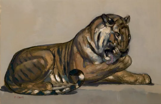 Paul JOUVE (1878-1973) - Tigre couché se léchant la patte, vers 1922