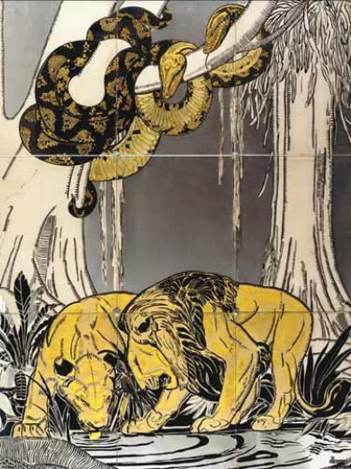 Vente par "Christie's New York, USA" du 15/06/2004 - Pythons observant deux lions buvant, 1930. (lot n°157)