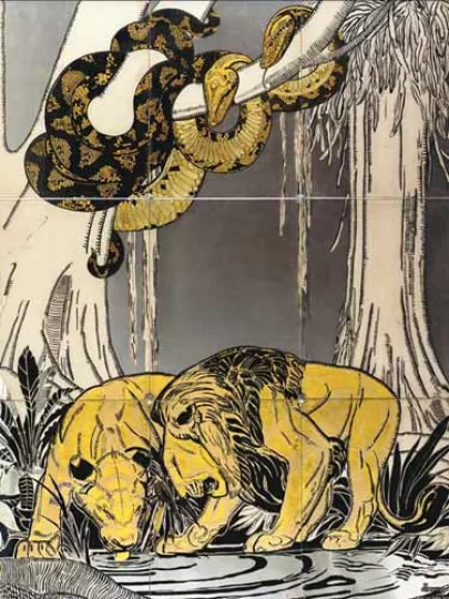 Paul JOUVE (1878-1973) - Pythons observant deux lions buvant, 1930.