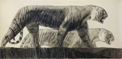 Vente par "Yann Le Mouel SVV" du 19/06/2020 - Deux tigres marchant, C 1925. (lot n°77)